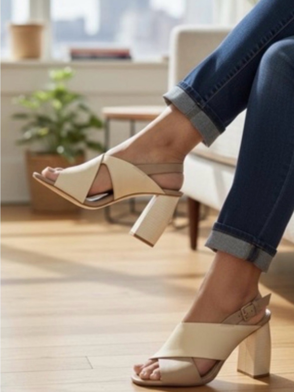 MERCEDES CASTILLO Slingback Sandals Ribbed Block Heel Two-Tone Nude
Leather 7.5